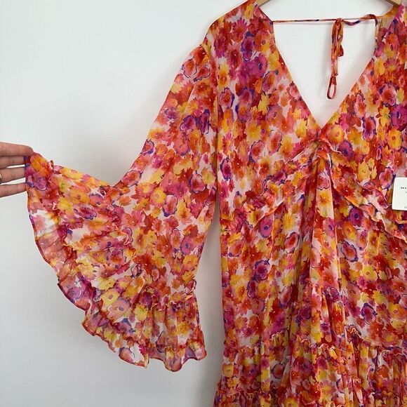 MISA Los Angeles Yasemin Bright Pink Orange Yellow Floral Chiffon Bell Sleeve Mi - Picture 9 of 16